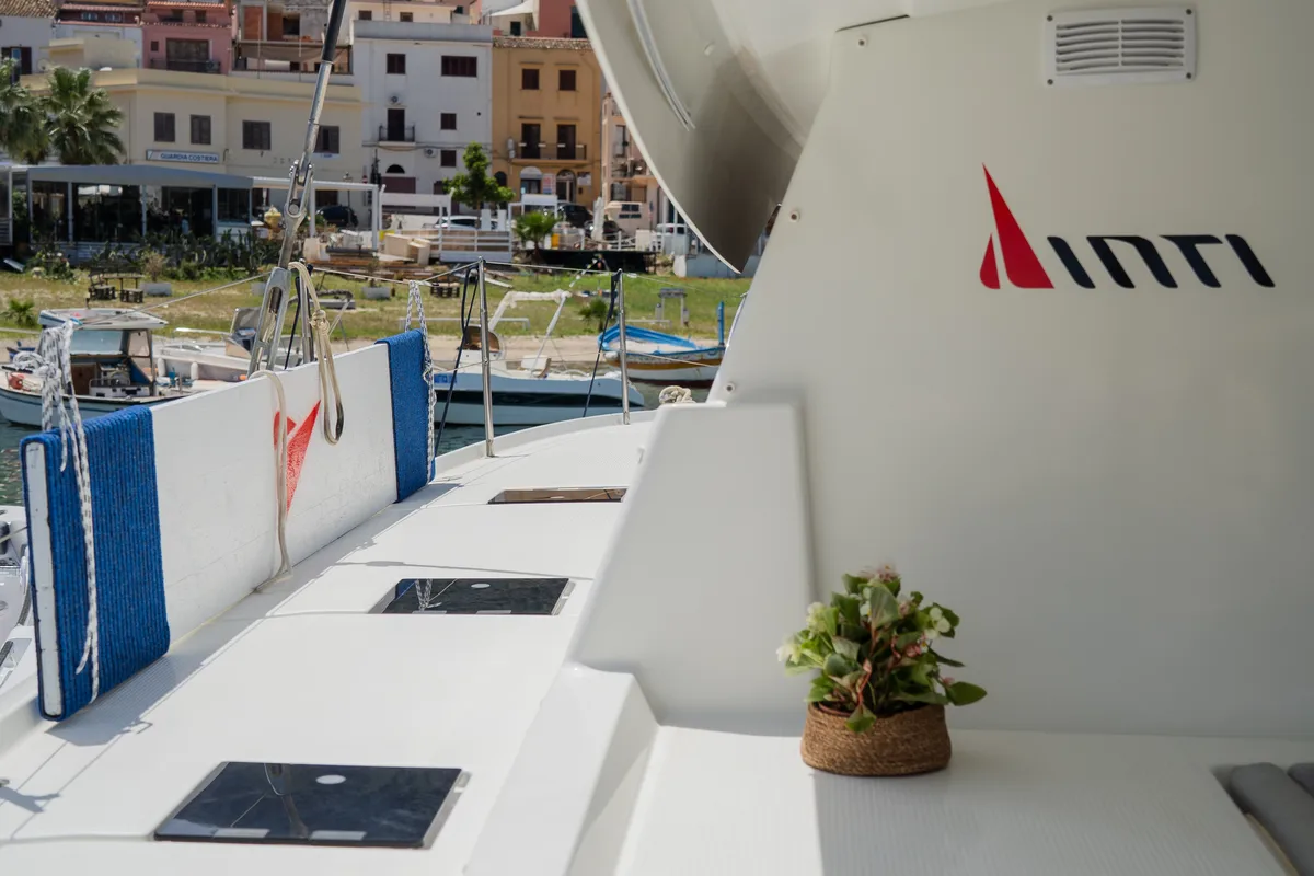 Deck of Premium, a Fountaine Pajot Saona 47 catamaran at Castellammare del Golfo, Italy