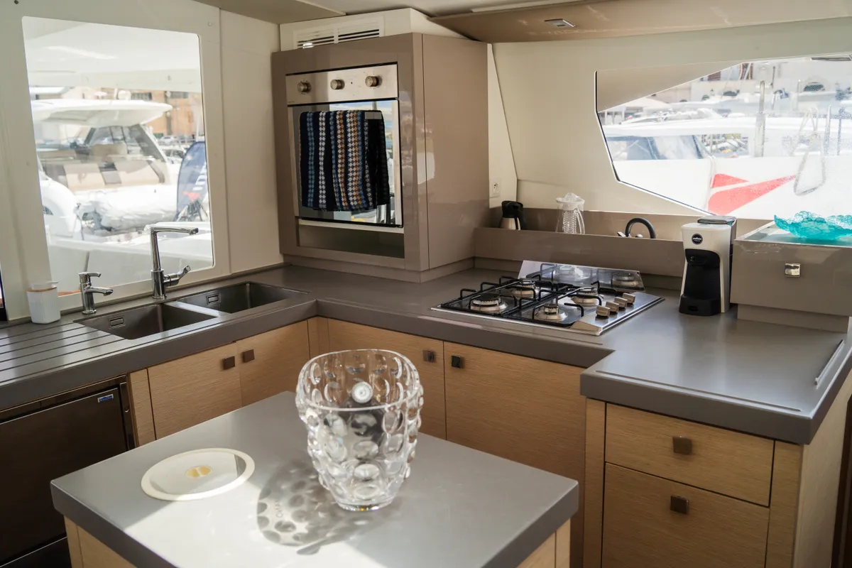 Galley of Premium, a Fountaine Pajot Saona 47 catamaran at Castellammare del Golfo, Italy