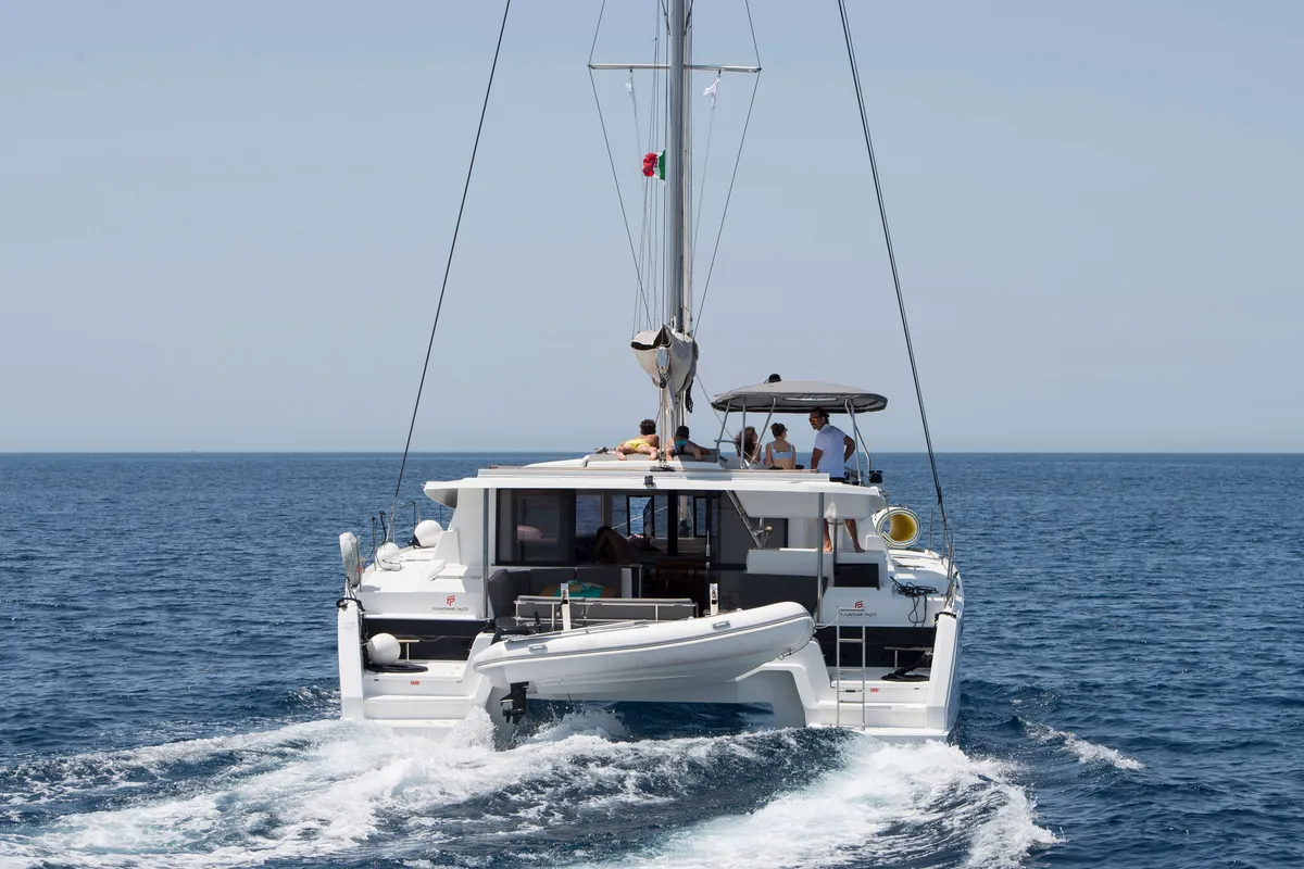 Exterior view of Premium, a Fountaine Pajot Saona 47 catamaran at Castellammare del Golfo, Italy