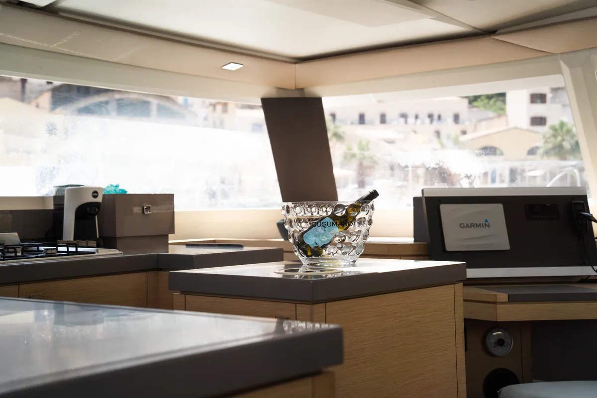 Galley of Premium, a Fountaine Pajot Saona 47 catamaran at Castellammare del Golfo, Italy