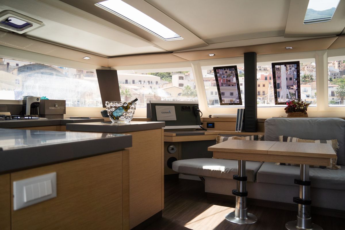 Salon of Premium, a Fountaine Pajot Saona 47 catamaran at Castellammare del Golfo, Italy