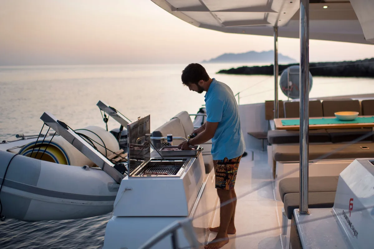 Deck of Premium, a Fountaine Pajot Saona 47 catamaran at Castellammare del Golfo, Italy