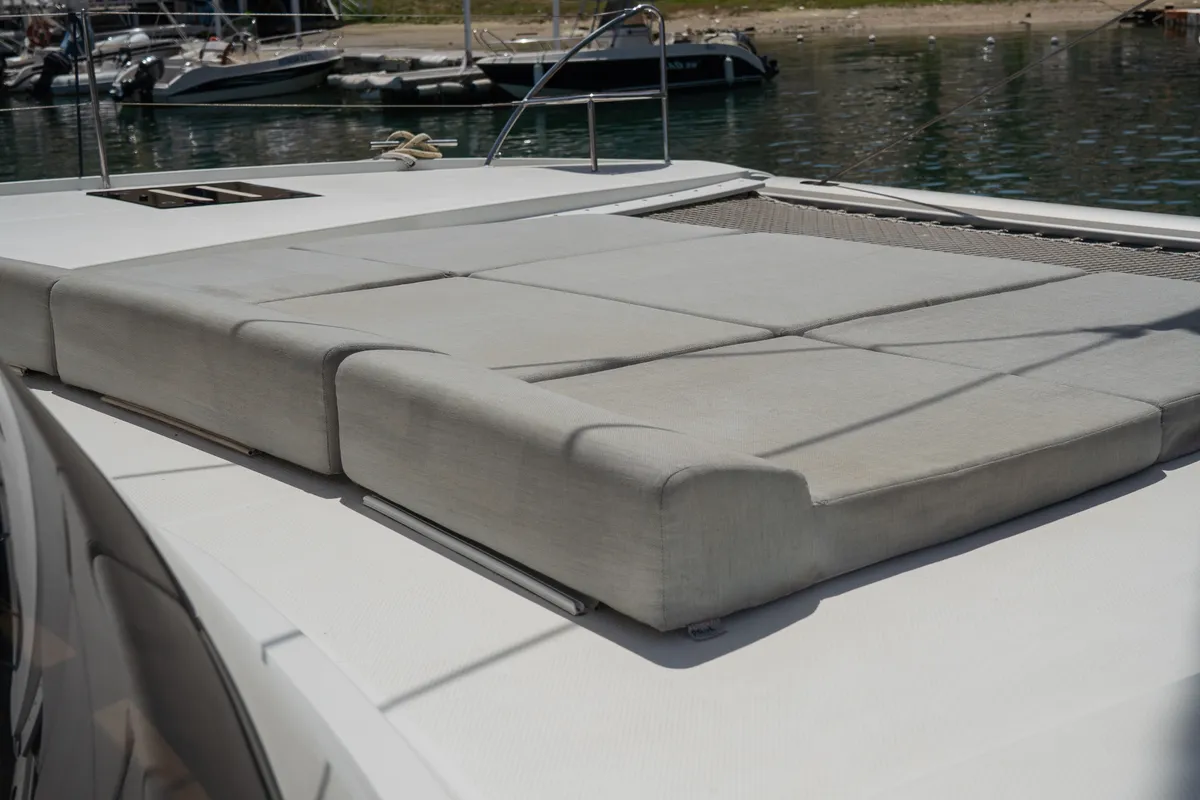 Deck of Premium, a Fountaine Pajot Saona 47 catamaran at Castellammare del Golfo, Italy