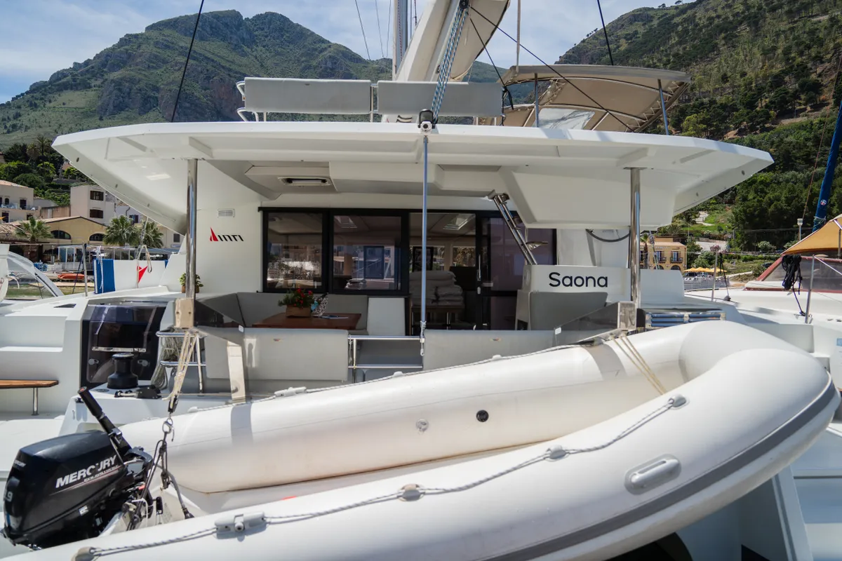 Deck of Premium, a Fountaine Pajot Saona 47 catamaran at Castellammare del Golfo, Italy