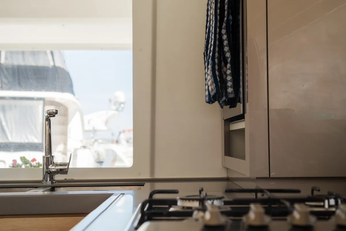 Galley of Premium, a Fountaine Pajot Saona 47 catamaran at Castellammare del Golfo, Italy