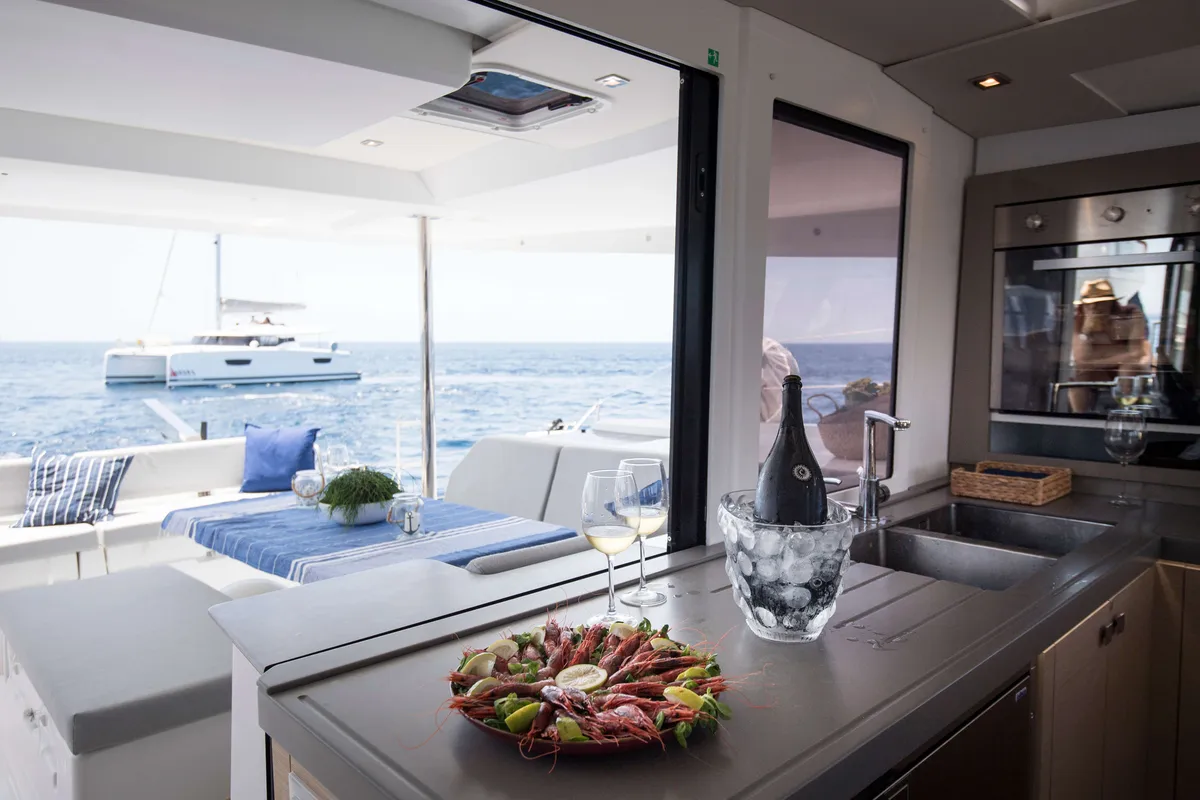 Galley of Premium, a Fountaine Pajot Saona 47 catamaran at Castellammare del Golfo, Italy