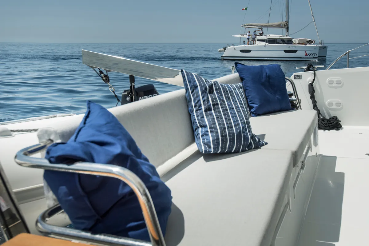 Deck of Premium, a Fountaine Pajot Saona 47 catamaran at Castellammare del Golfo, Italy