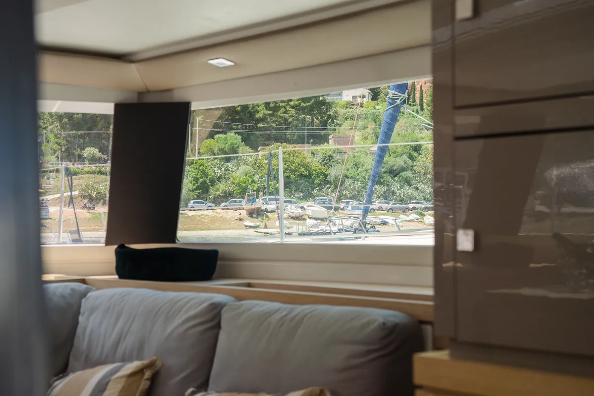 Salon of Premium, a Fountaine Pajot Saona 47 catamaran at Castellammare del Golfo, Italy
