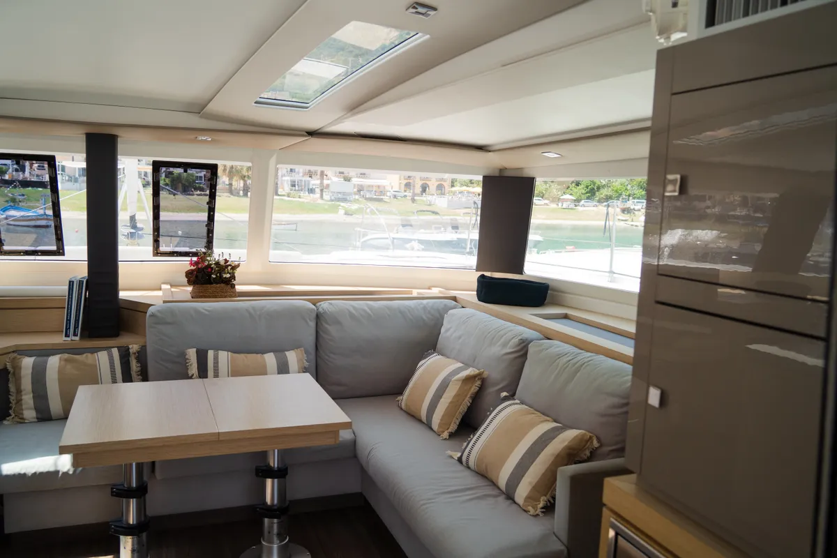 Salon of Premium, a Fountaine Pajot Saona 47 catamaran at Castellammare del Golfo, Italy