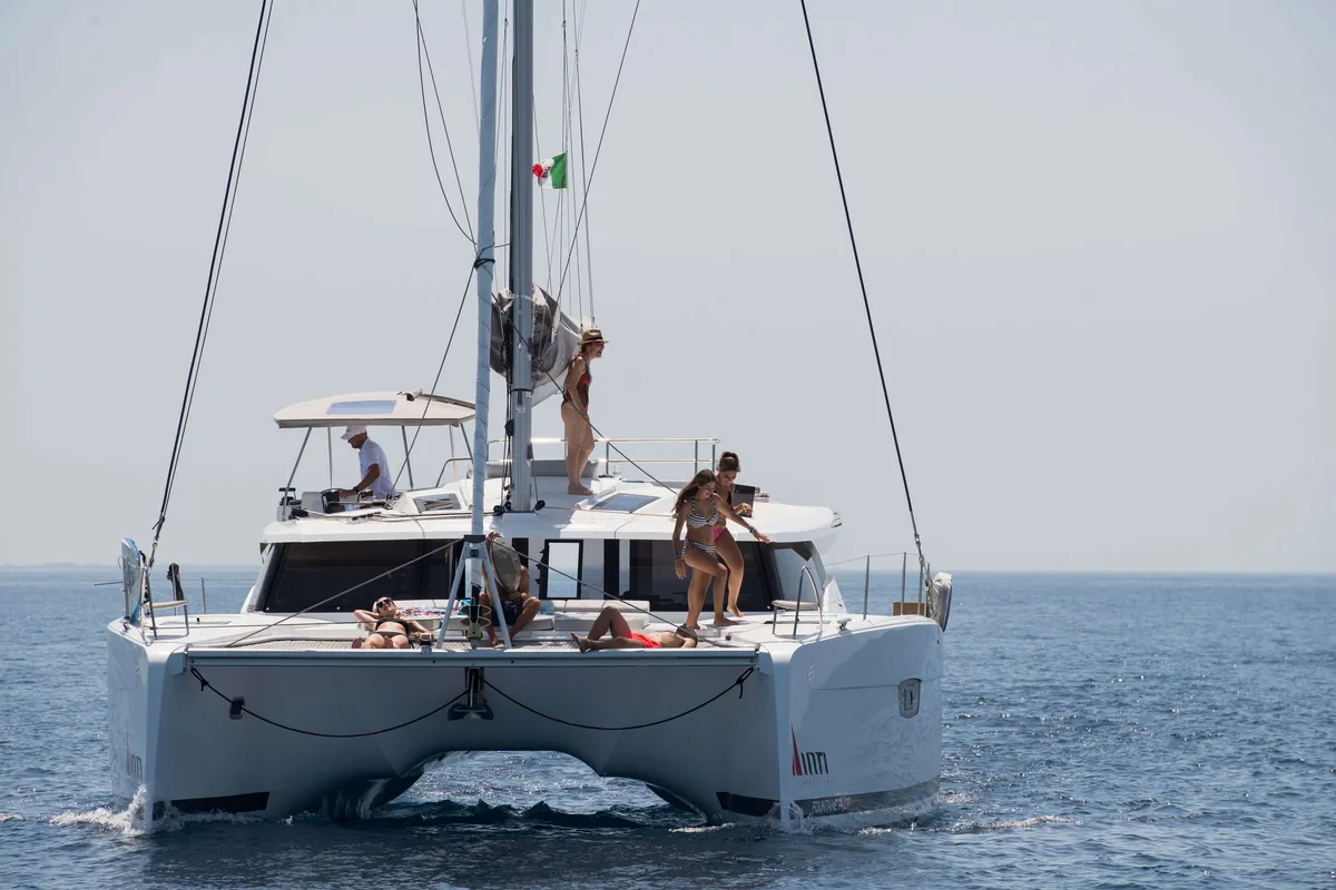 Exterior view of Premium, a Fountaine Pajot Saona 47 catamaran at Castellammare del Golfo, Italy