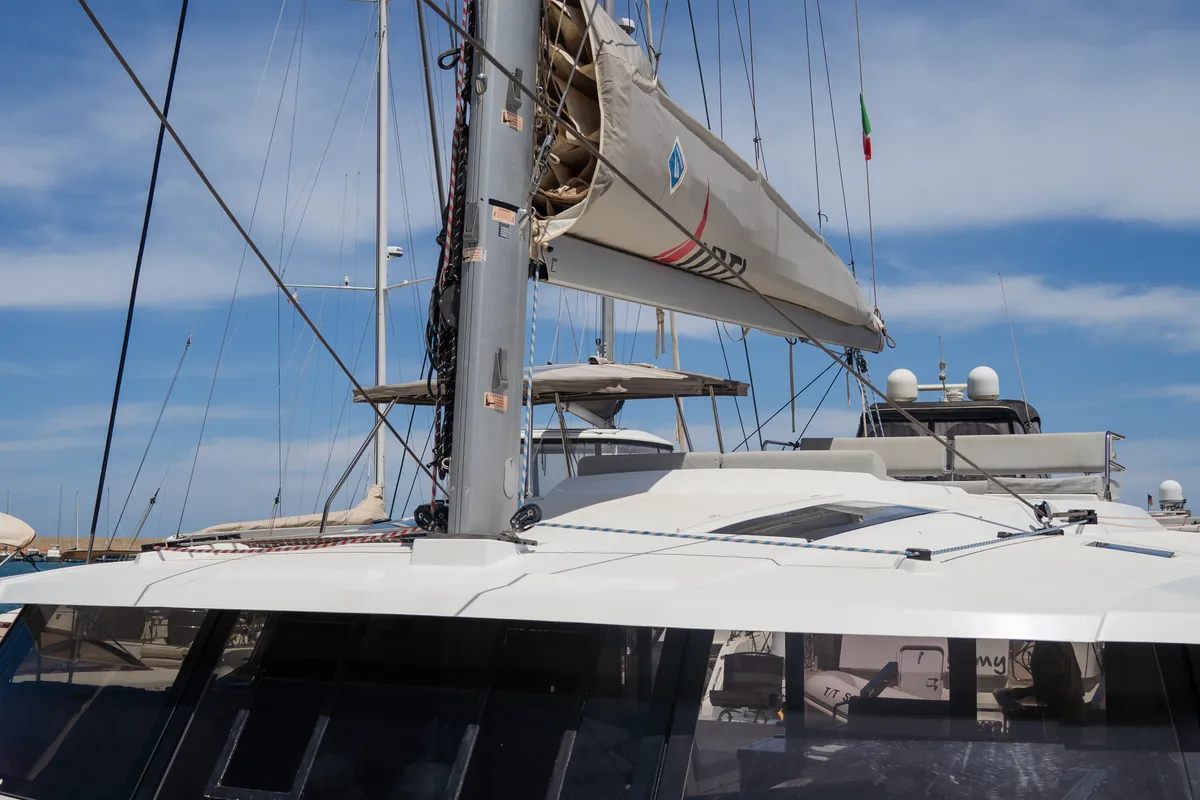 Exterior view of Premium, a Fountaine Pajot Saona 47 catamaran at Castellammare del Golfo, Italy