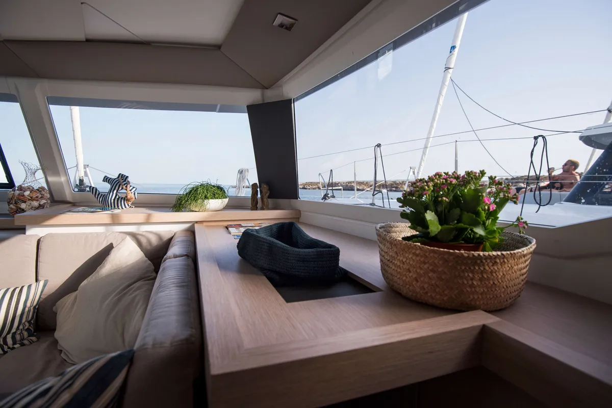 Salon of Premium, a Fountaine Pajot Saona 47 catamaran at Castellammare del Golfo, Italy