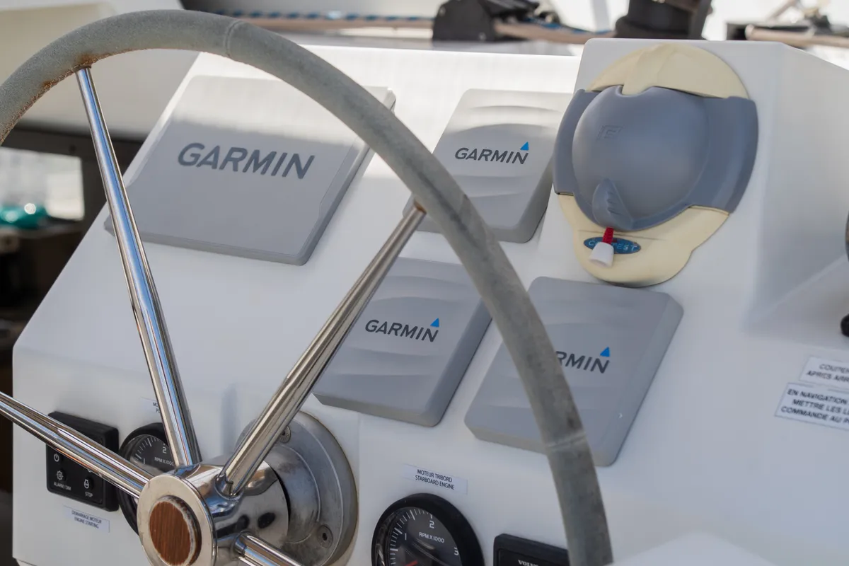 Cockpit of Premium, a Fountaine Pajot Saona 47 catamaran at Castellammare del Golfo, Italy