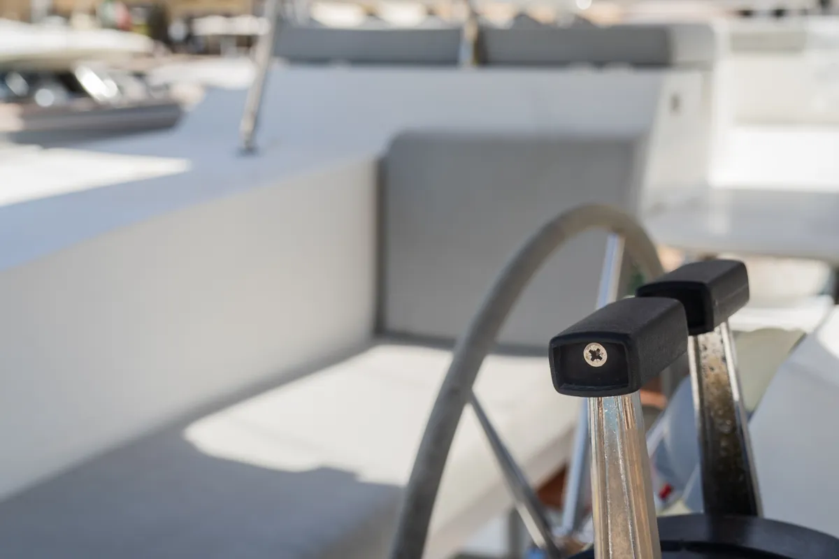 Cockpit of Premium, a Fountaine Pajot Saona 47 catamaran at Castellammare del Golfo, Italy