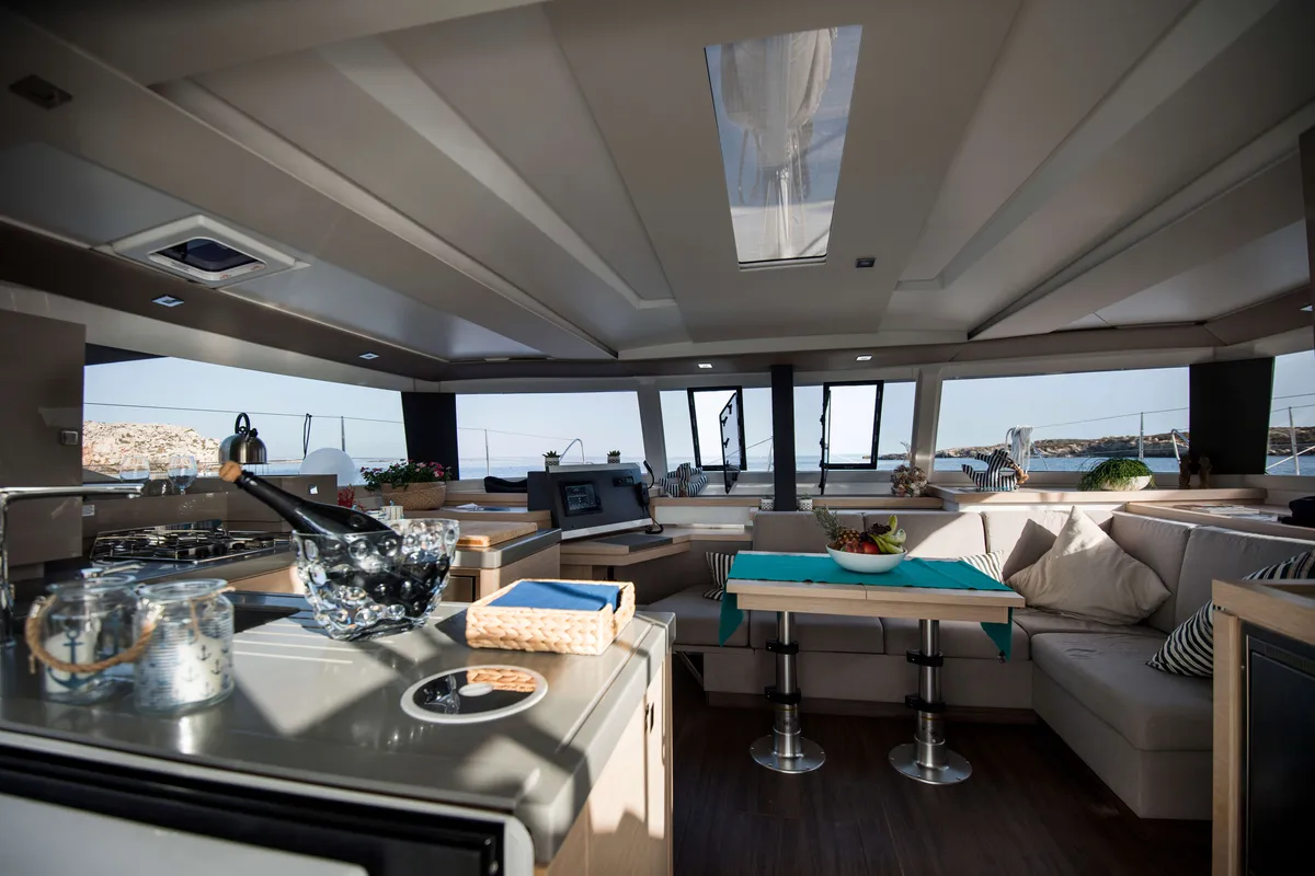Salon of Premium, a Fountaine Pajot Saona 47 catamaran at Castellammare del Golfo, Italy