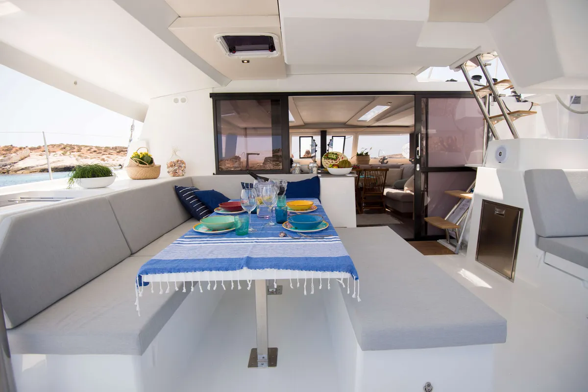 Deck of Premium, a Fountaine Pajot Saona 47 catamaran at Castellammare del Golfo, Italy