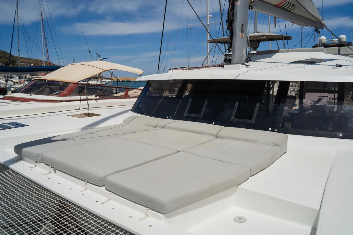 Deck of Premium, a Fountaine Pajot Saona 47 catamaran at Castellammare del Golfo, Italy