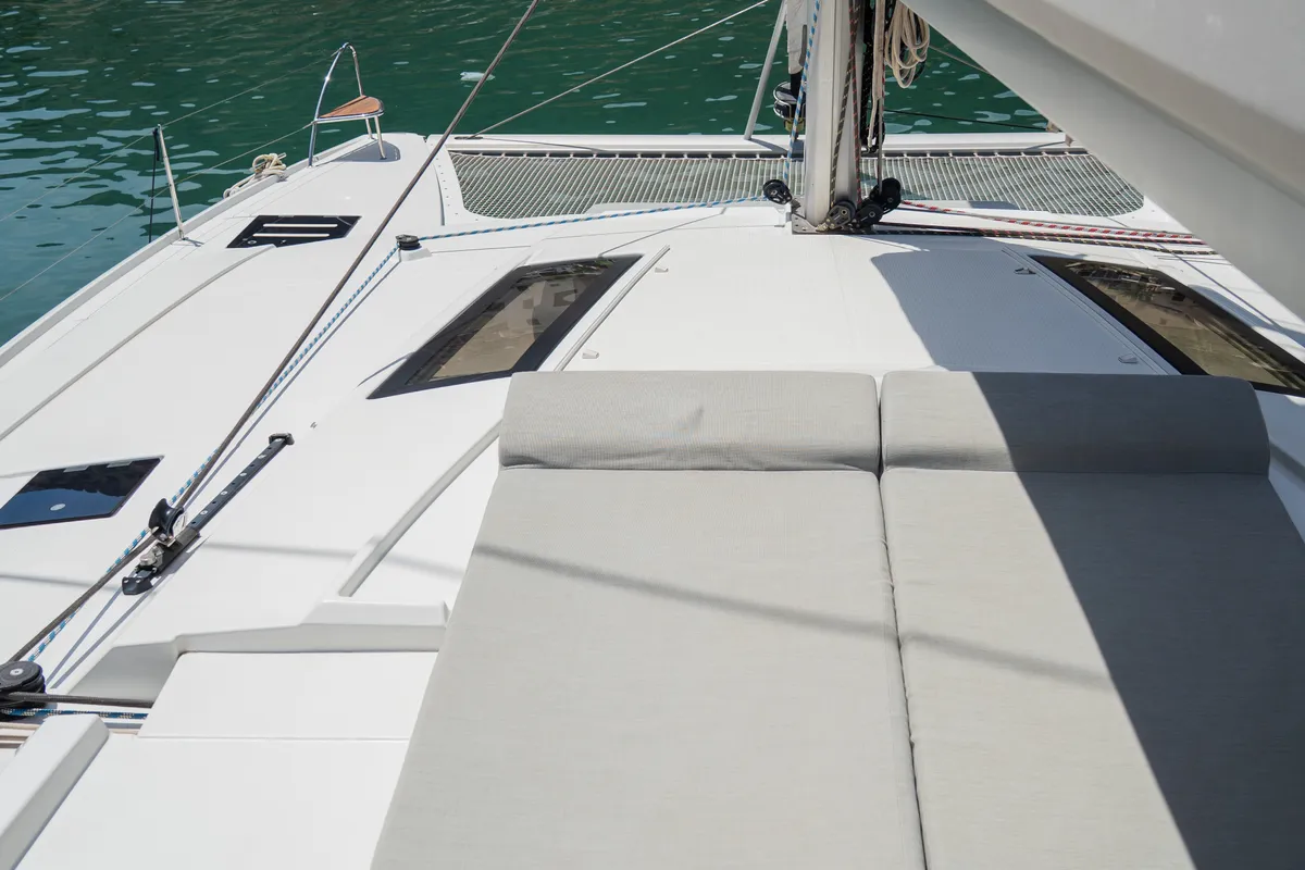 Deck of Premium, a Fountaine Pajot Saona 47 catamaran at Castellammare del Golfo, Italy