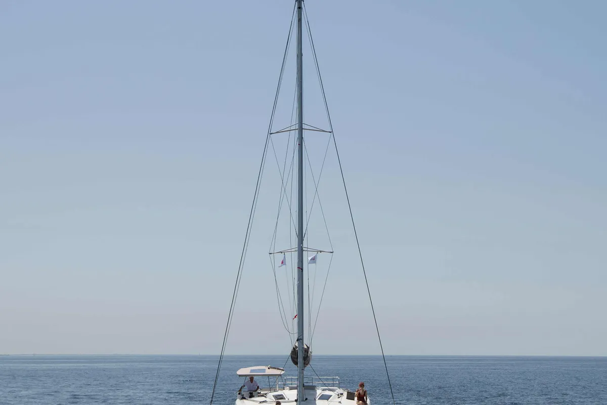 Exterior view of Premium, a Fountaine Pajot Saona 47 catamaran at Castellammare del Golfo, Italy