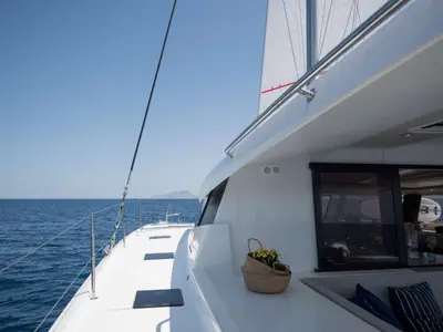 Deck of Premium, a Fountaine Pajot Saona 47 catamaran at Castellammare del Golfo, Italy