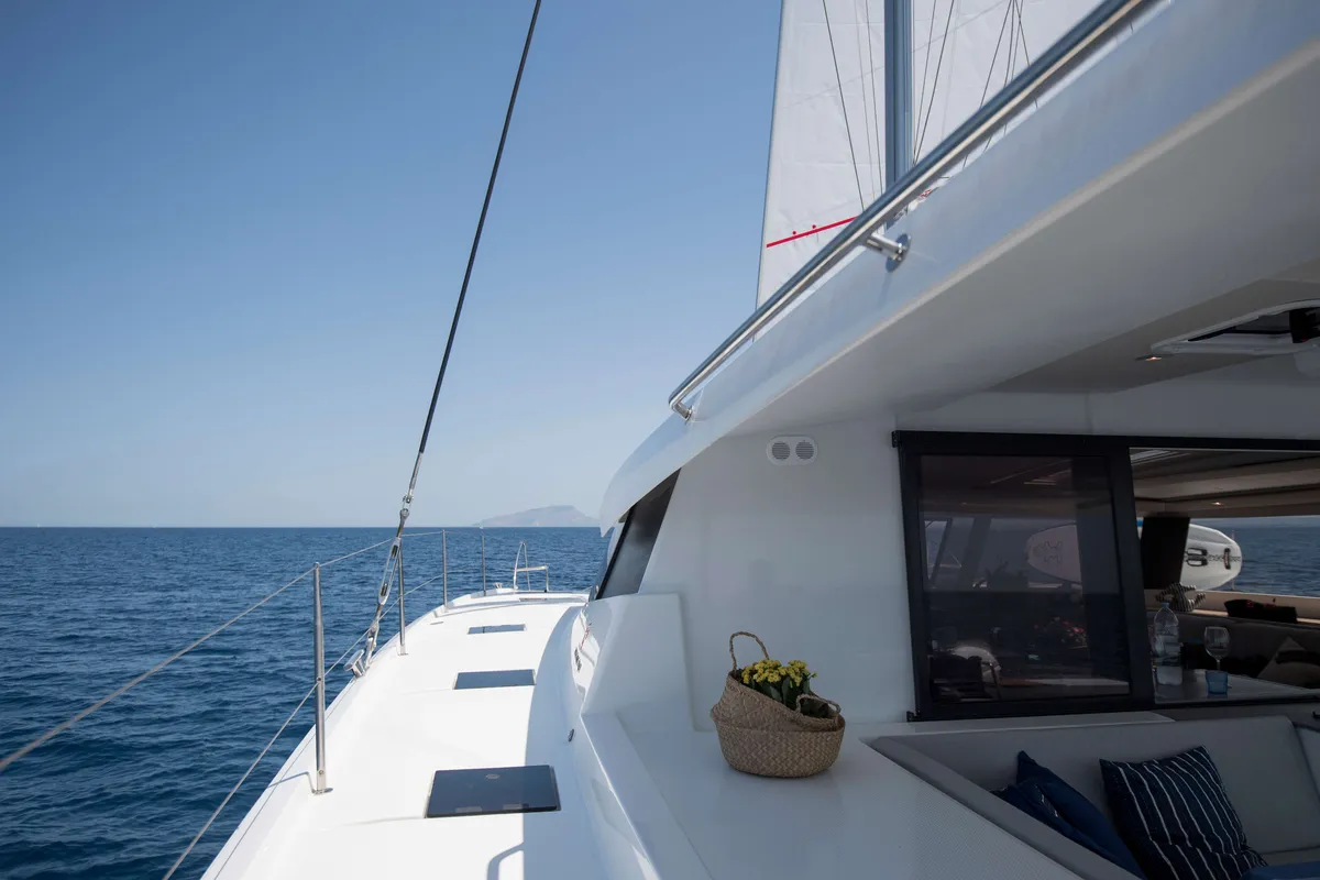Deck of Premium, a Fountaine Pajot Saona 47 catamaran at Castellammare del Golfo, Italy