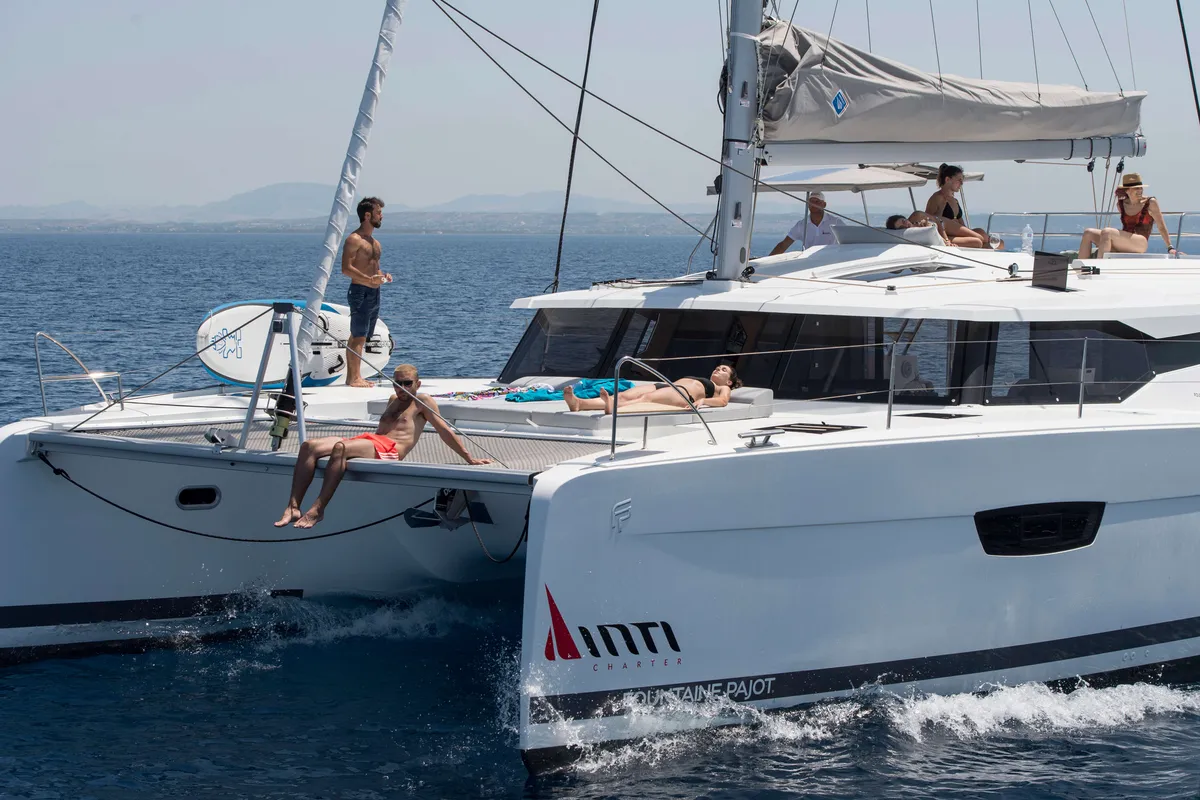 Exterior view of Premium, a Fountaine Pajot Saona 47 catamaran at Castellammare del Golfo, Italy