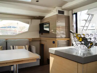 Salon of Premium, a Fountaine Pajot Saona 47 catamaran at Castellammare del Golfo, Italy
