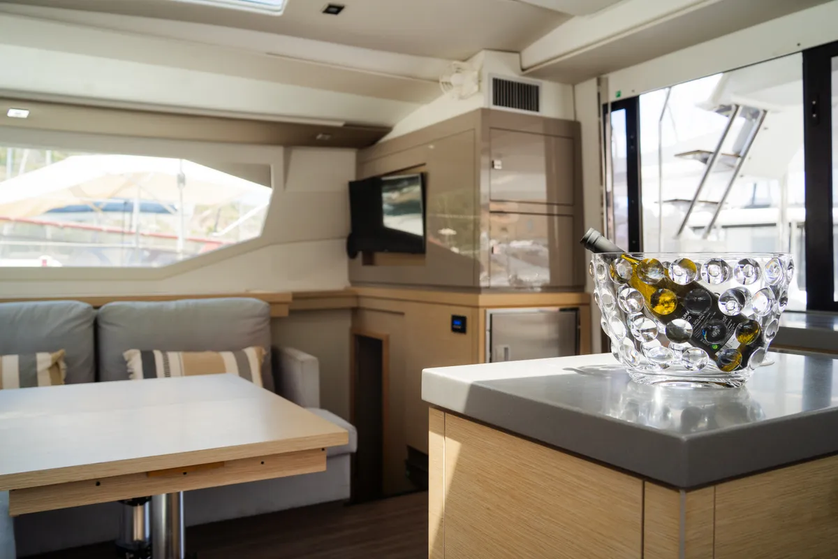 Salon of Premium, a Fountaine Pajot Saona 47 catamaran at Castellammare del Golfo, Italy