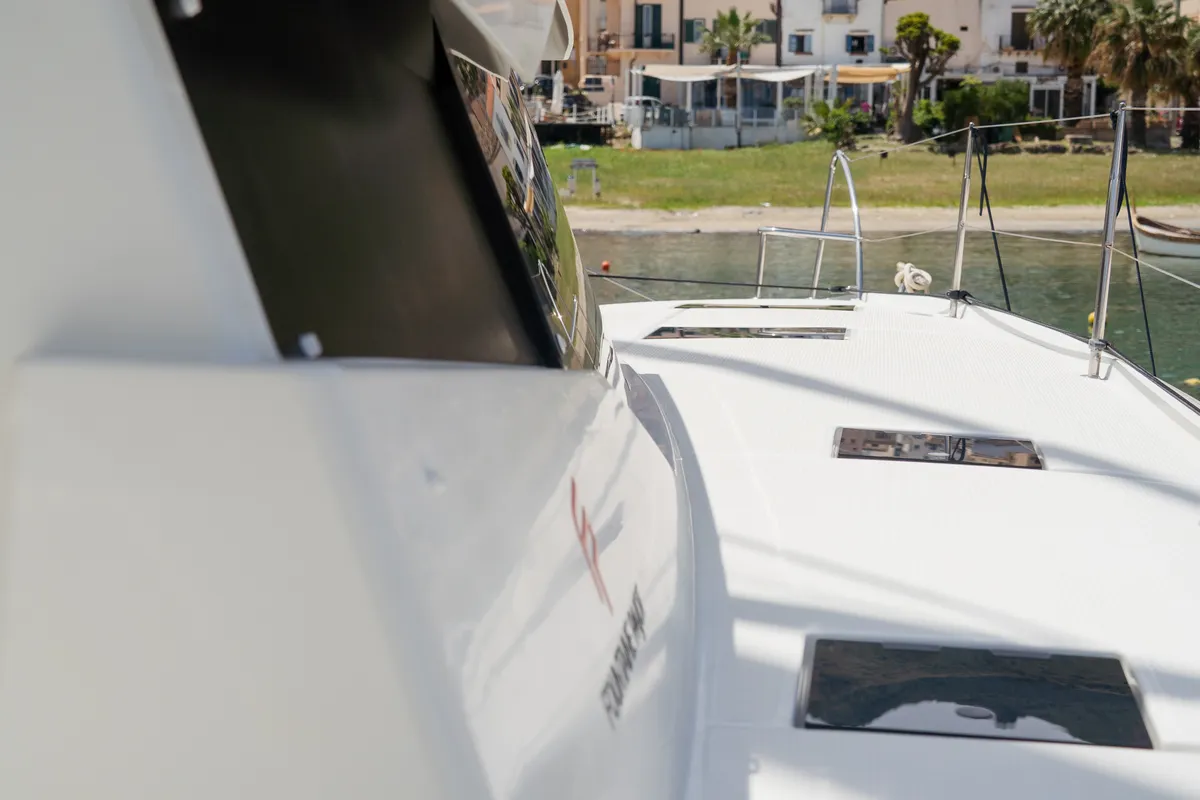 Deck of Premium, a Fountaine Pajot Saona 47 catamaran at Castellammare del Golfo, Italy