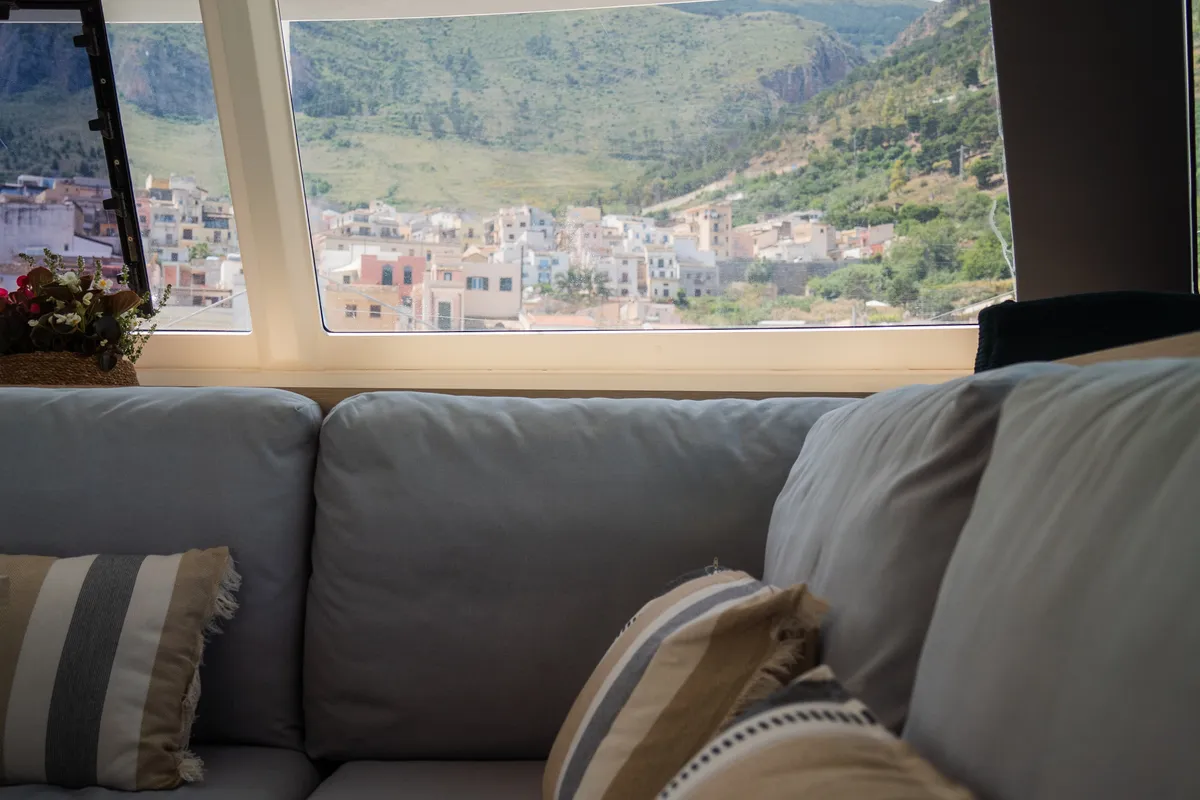 Salon of Premium, a Fountaine Pajot Saona 47 catamaran at Castellammare del Golfo, Italy
