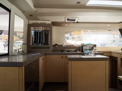 Galley of Premium, a Fountaine Pajot Saona 47 catamaran at Castellammare del Golfo, Italy