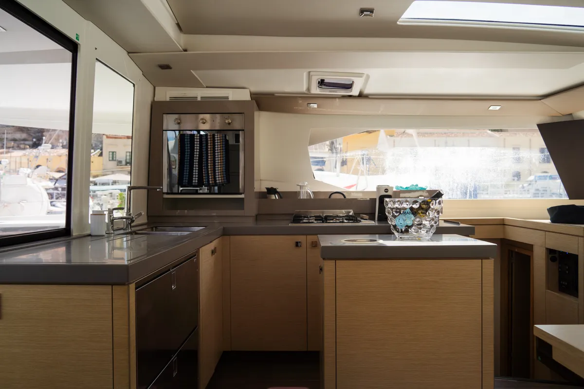 Galley of Premium, a Fountaine Pajot Saona 47 catamaran at Castellammare del Golfo, Italy