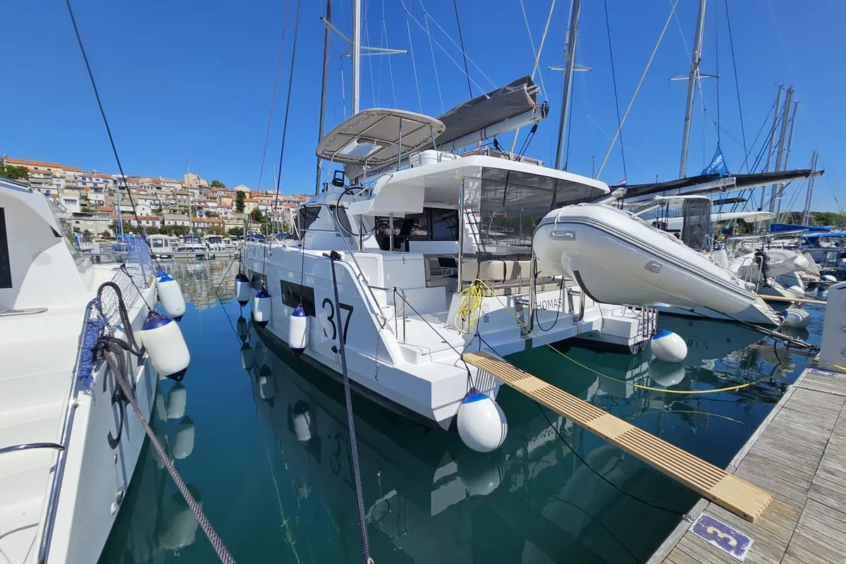 Exterior view of Thomas, a Aventura 37 catamaran at Novi Vinodolski, Croatia