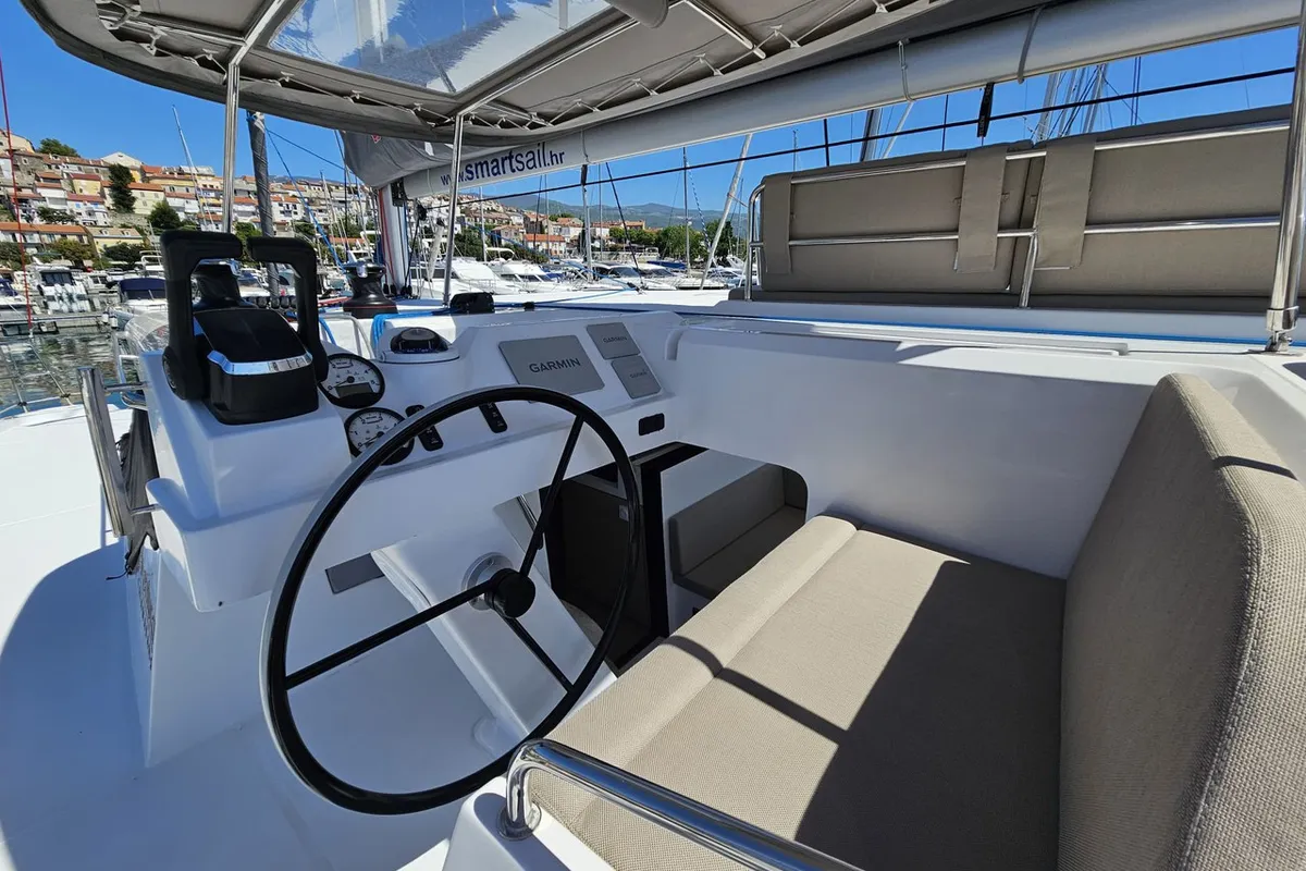 Cockpit of Thomas, a Aventura 37 catamaran at Novi Vinodolski, Croatia