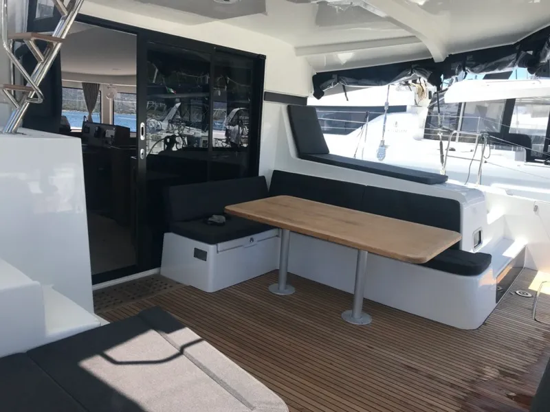 Deck of Zippiri, a Lagoon 42 catamaran at Olbia, Italy