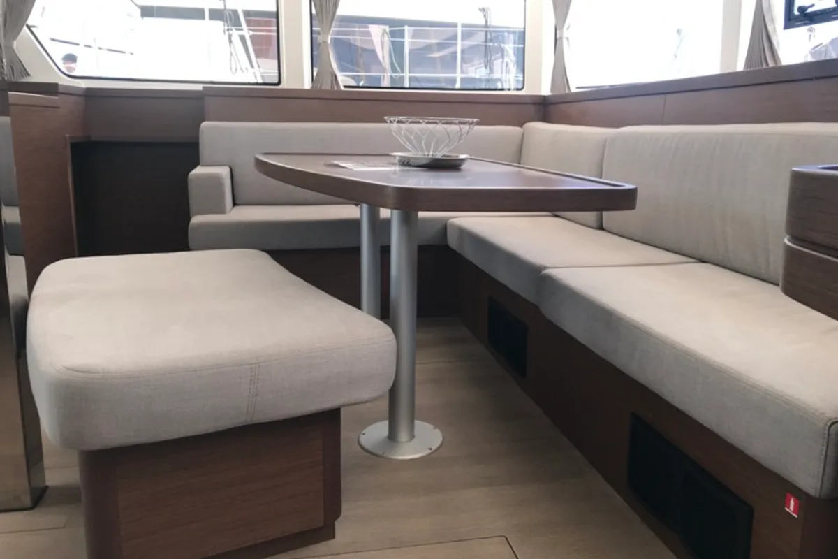 Salon of Zippiri, a Lagoon 42 catamaran at Olbia, Italy
