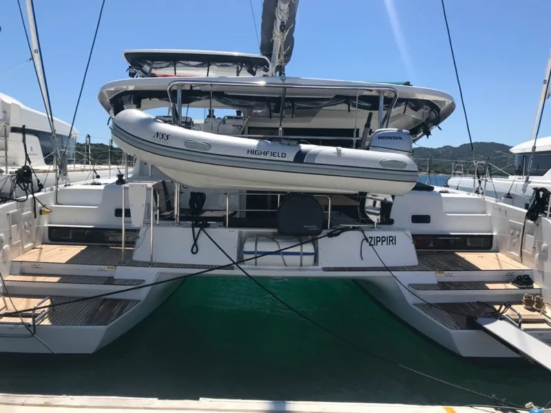 Exterior view of Zippiri, a Lagoon 42 catamaran at Olbia, Italy
