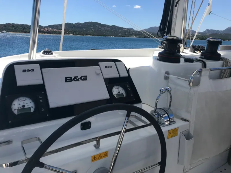 Cockpit of Zippiri, a Lagoon 42 catamaran at Olbia, Italy