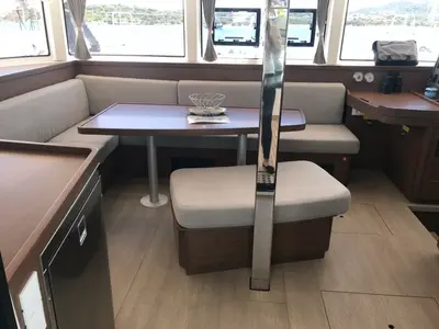 Salon of Zippiri, a Lagoon 42 catamaran at Olbia, Italy