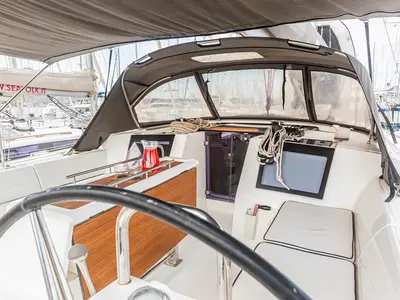 Cockpit of Discovery Planet, a Dufour 460 Grand Large sailboat at Palermo, Italy