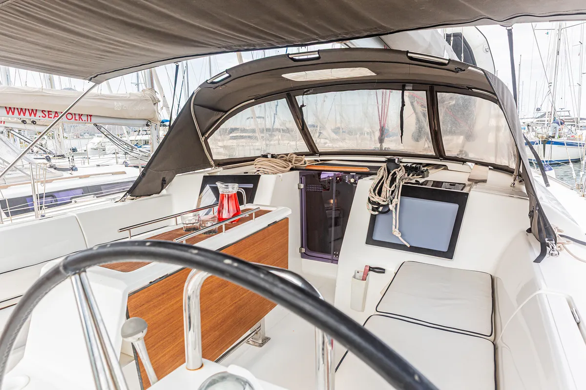 Cockpit of Discovery Planet, a Dufour 460 Grand Large sailboat at Palermo, Italy