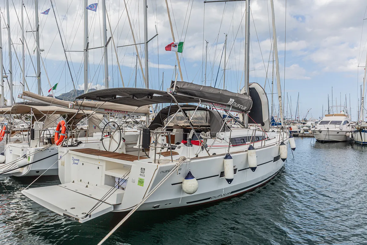 Exterior view of Discovery Planet, a Dufour 460 Grand Large sailboat at Palermo, Italy