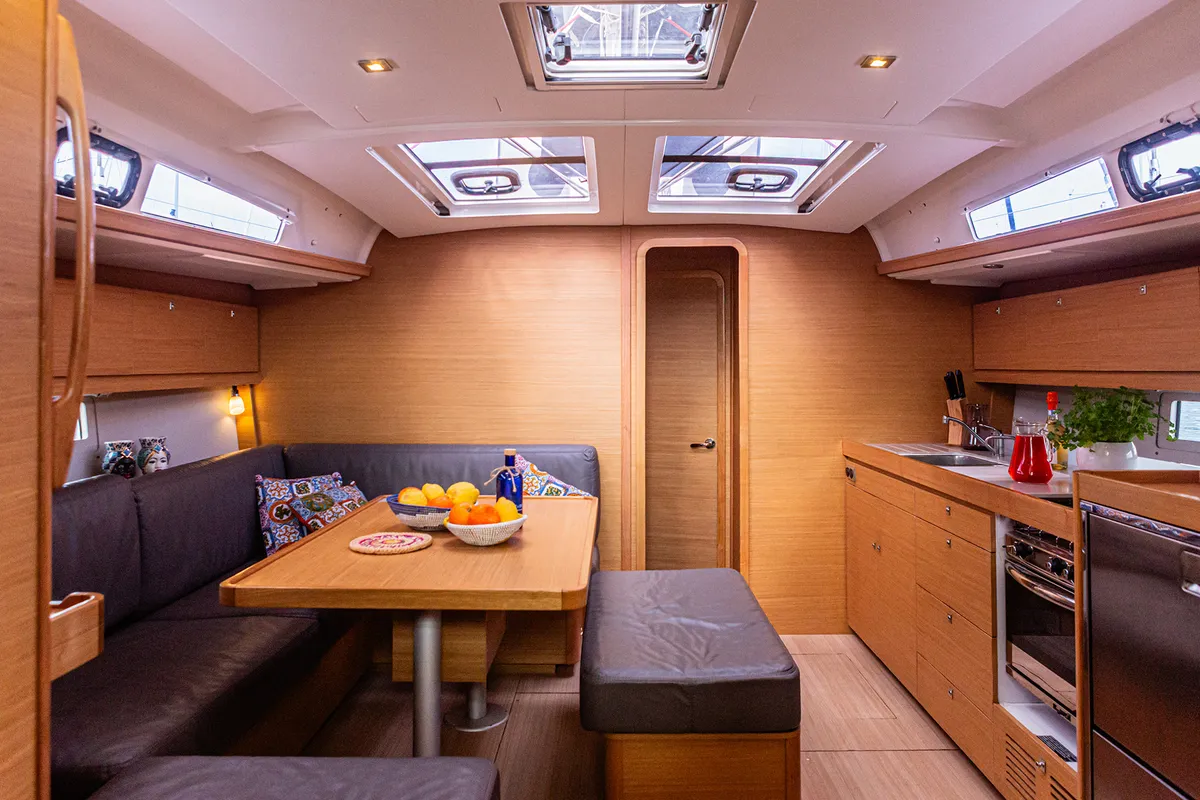 Salon of Discovery Planet, a Dufour 460 Grand Large sailboat at Palermo, Italy