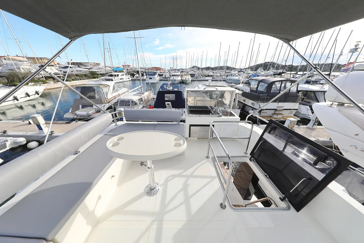 Deck of Mackata, a Cobra Yachts Seamaster 45 motor yacht at Grad Vodice, Croatia