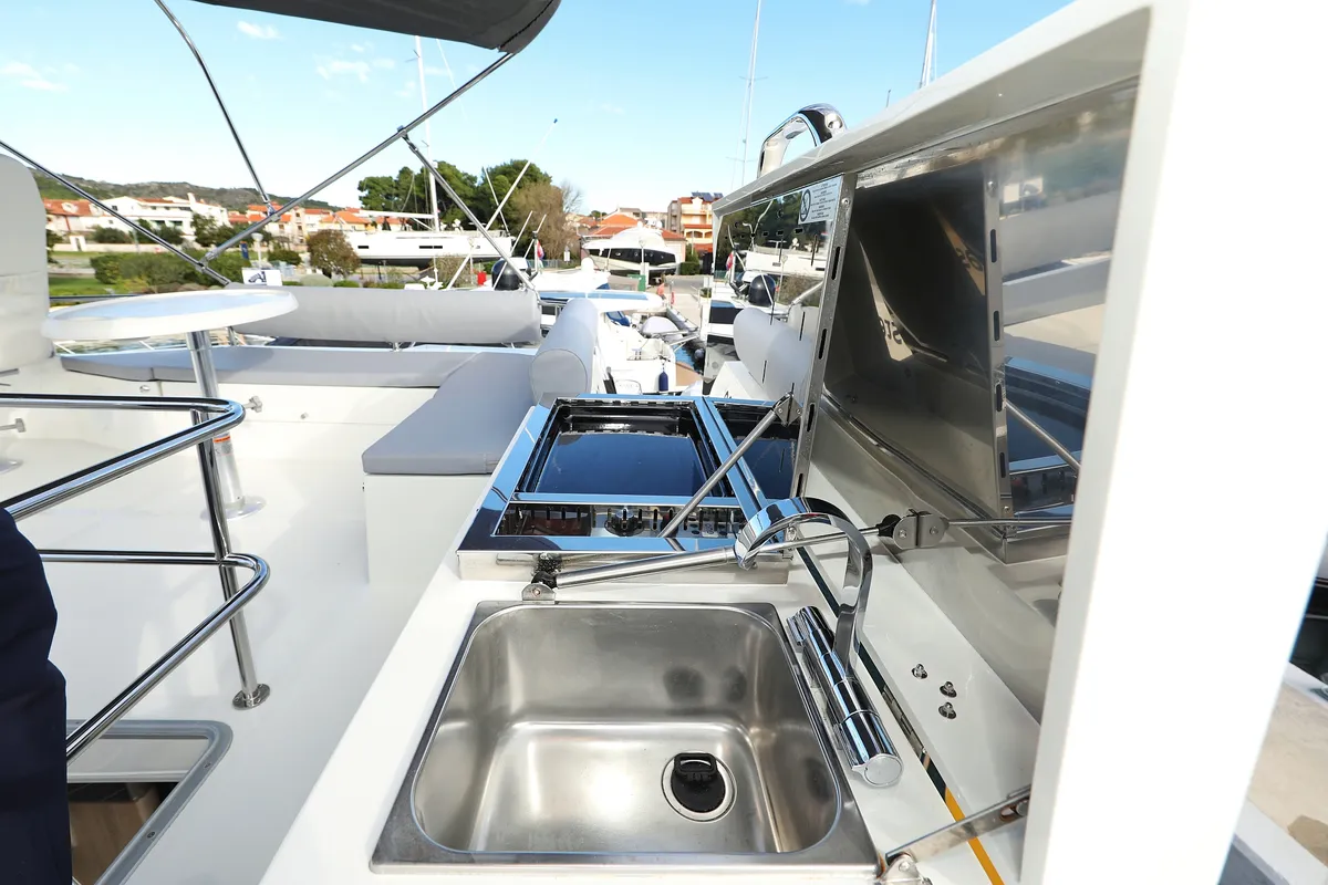 Deck of Mackata, a Cobra Yachts Seamaster 45 motor yacht at Grad Vodice, Croatia