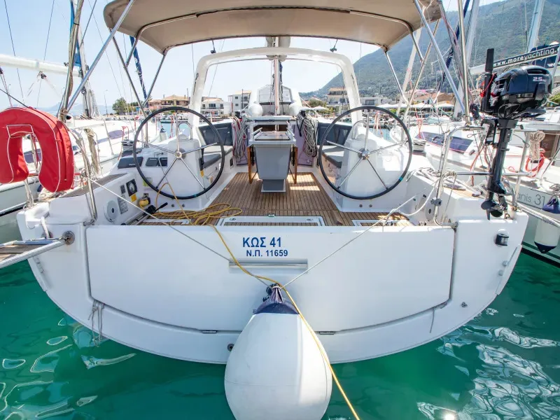 Cockpit of Kos 41, a Beneteau Oceanis 41.1 sailboat at Lefkada, Greece