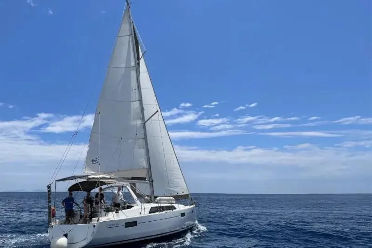 Exterior view of Kos 41, a Beneteau Oceanis 41.1 sailboat at Lefkada, Greece