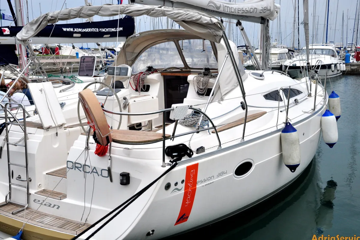 Exterior view of Orca. O, a Elan Impression 384 sailboat at Izola / Isola, Slovenia