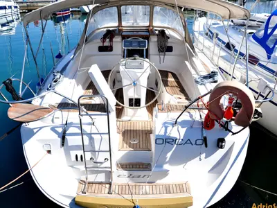 Deck of Orca. O, a Elan Impression 384 sailboat at Izola / Isola, Slovenia