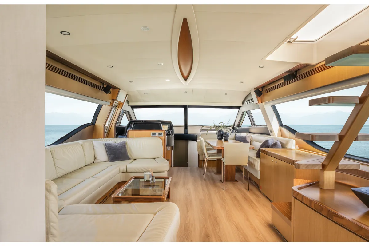 Salon of ESCAPE, a Ferretti 630 motor yacht at Ornos, Greece